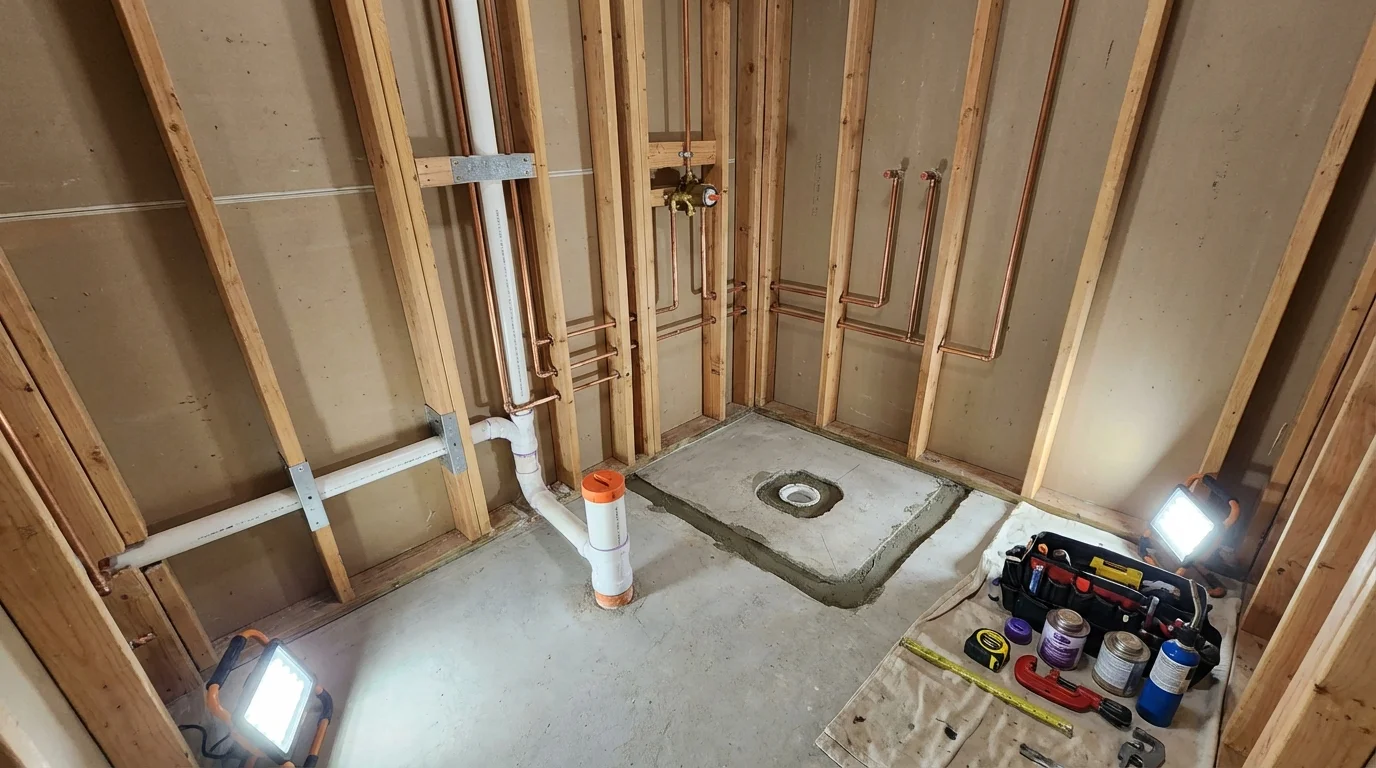 Bathroom rough-in plumbing during remodel by Johns Plumbing LLC in Beckemeyer