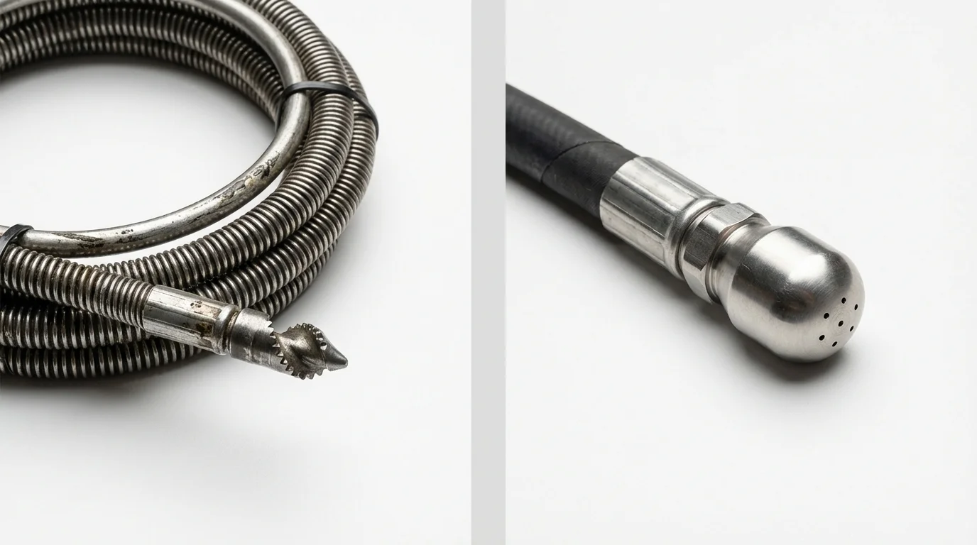 Drain snake cable and hydro jetting nozzle used for drain cleaning in Beckemeyer, IL