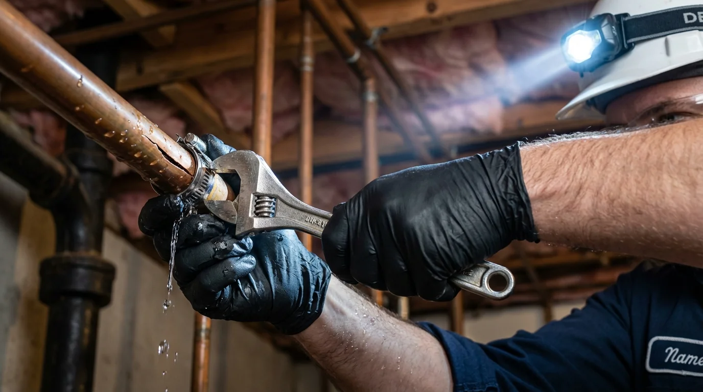 Emergency pipe clamp repair being performed by a Johns Plumbing LLC plumber in Beckemeyer