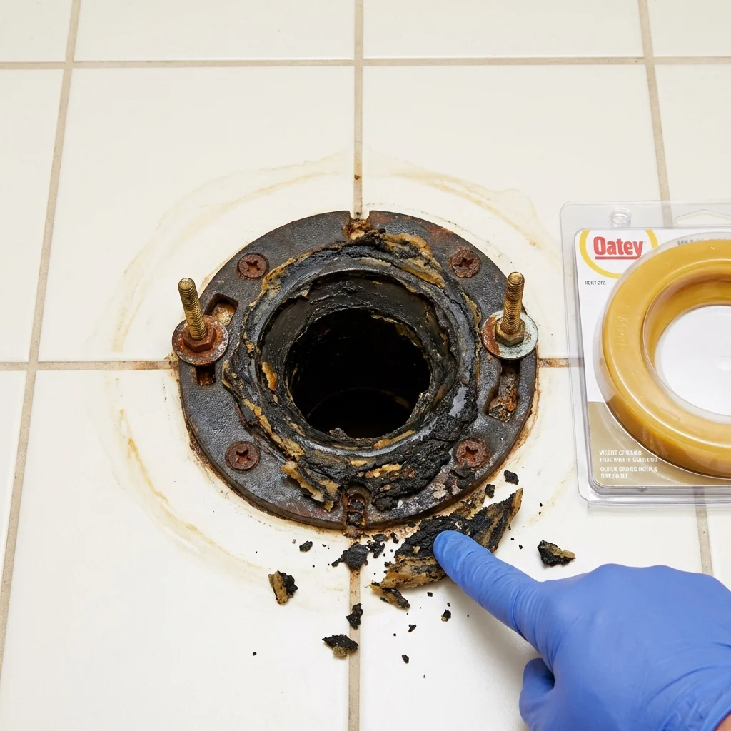 Failed wax ring showing water seepage at the base of a toilet in a Beckemeyer, IL home
