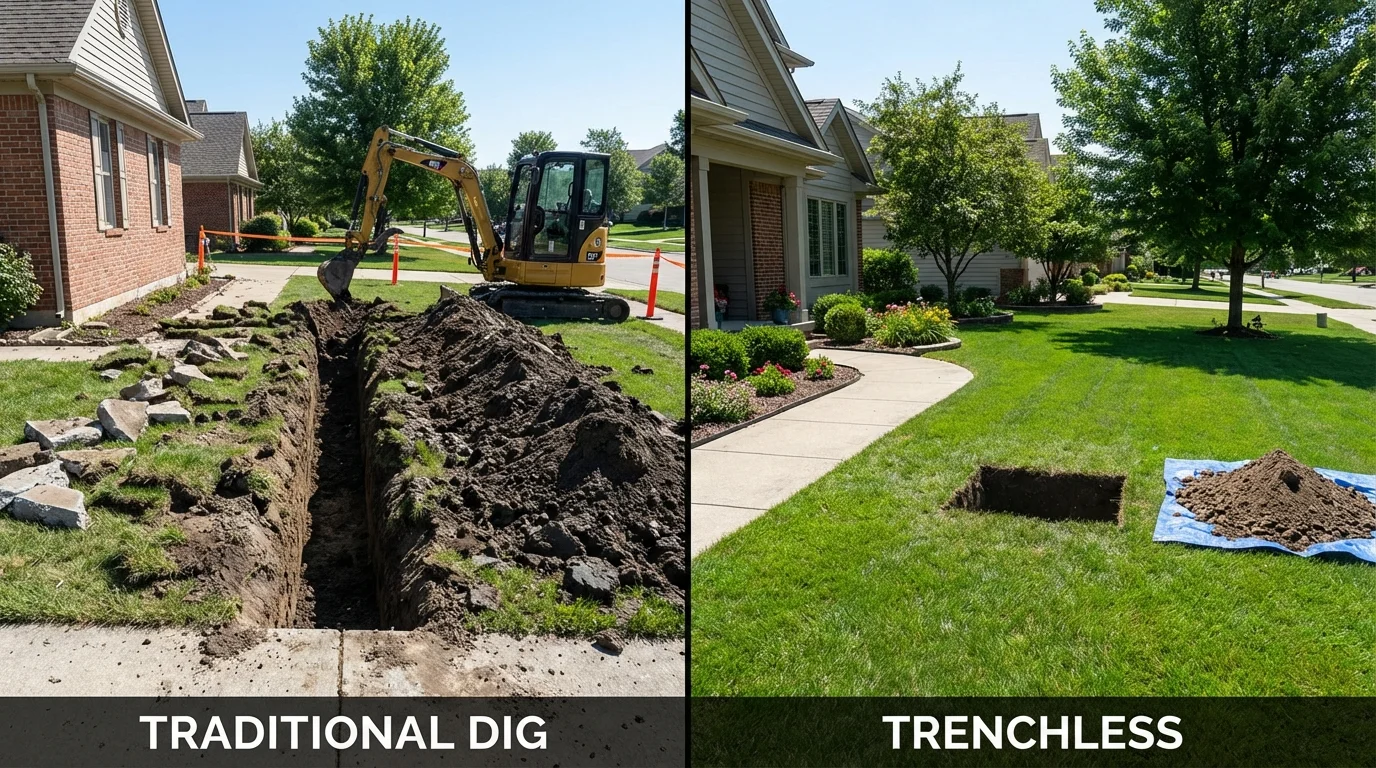 Trenchless sewer repair with minimal yard damage versus traditional excavation in Beckemeyer, IL