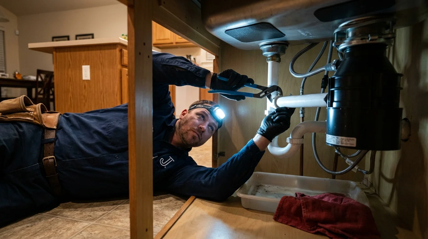 P-trap and supply line connections under a kitchen sink showing a common leak point in Beckemeyer, IL